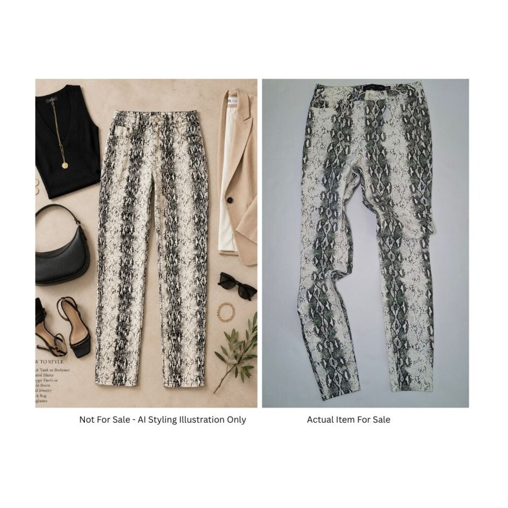NEW Long Tall Sally High Rise Jeans Ivory Snakeskin Women 10 TALL Retro Slim Fit